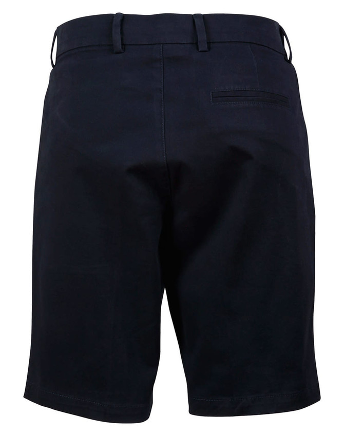 Ladies' stretch cotton chino shorts in navy, featuring a back pocket and a logo. Suitable for casual wear.