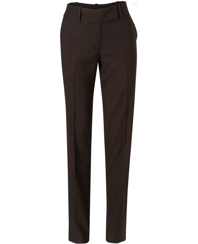 Women's low rise pants in dark brown poly/viscose stretch fabric, featuring a sleek design and a branded tag.