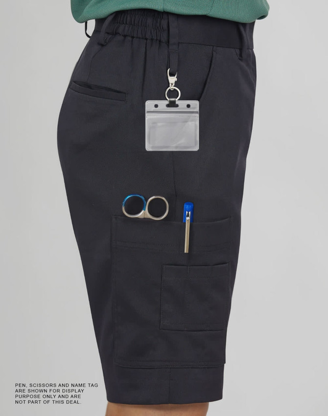 A pair of black ladies' utility cargo shorts featuring multiple pockets and a logo. Accessories are not included.
