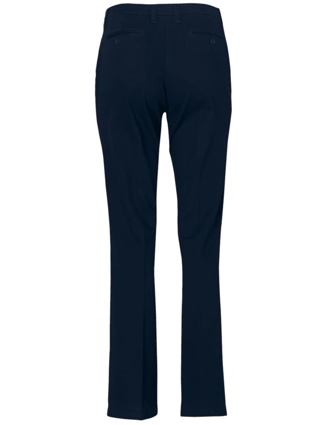 Navy women's chino pants with a slim fit, featuring back pockets and a clean design. Includes a branding logo.