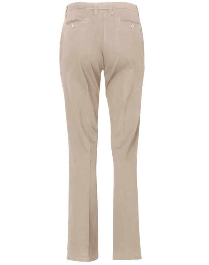 Beige women's chino pants viewed from the back, featuring a fitted design and two back pockets.