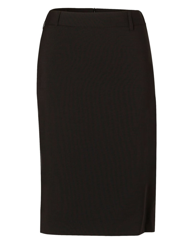 A women's mid-length lined pencil skirt in black wool stretch, featuring a sleek design and waistband.
