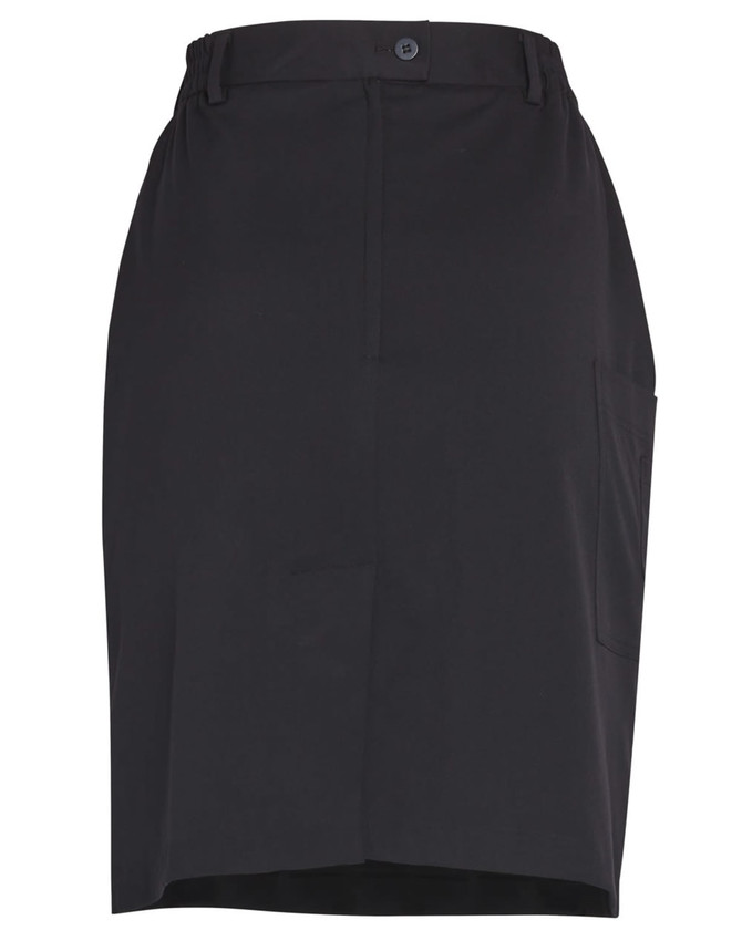 A black utility cargo skirt featuring front pockets and a waistband with a button closure.
