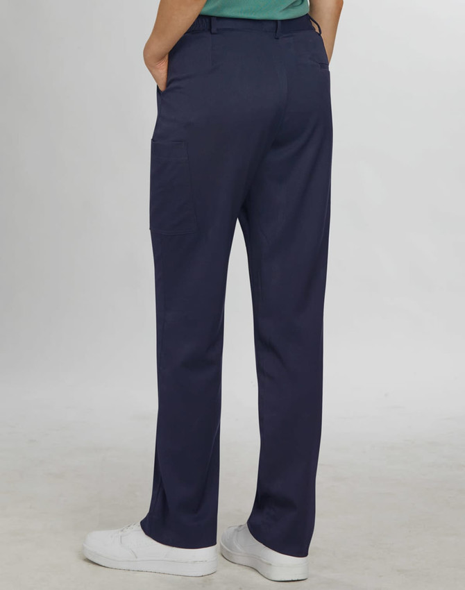 Navy cargo pants with side pockets, featuring a sleek design and tailored fit, paired with white shoes.