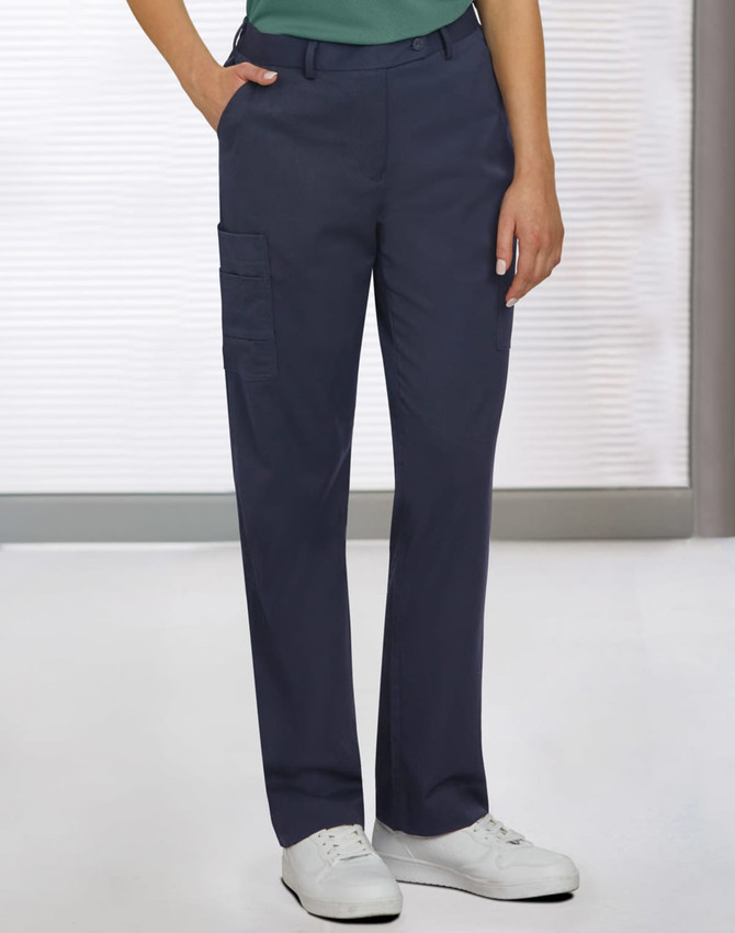 Navy ladies' utility cargo pants with side pockets, worn with a green top and white shoes. The image includes branding.