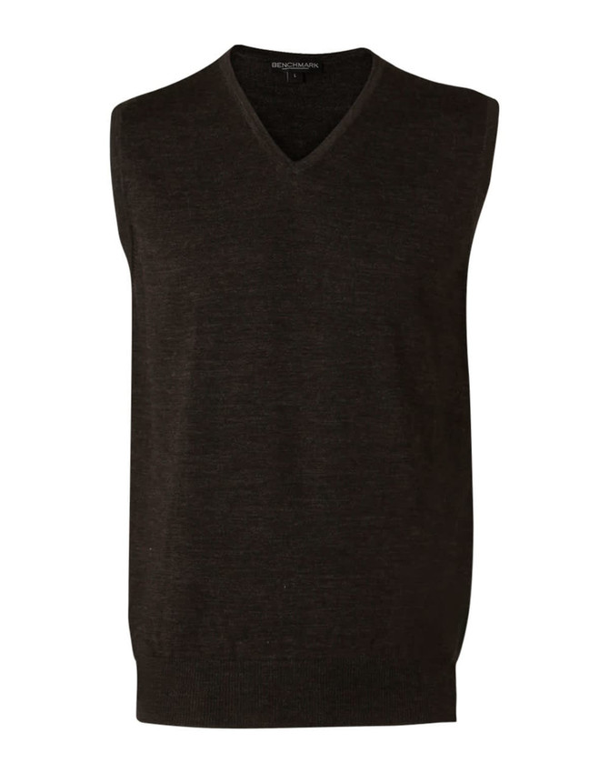 A dark-coloured, sleeveless V-neck vest made from 100% Merino wool, featuring a ribbed hem and a small logo.