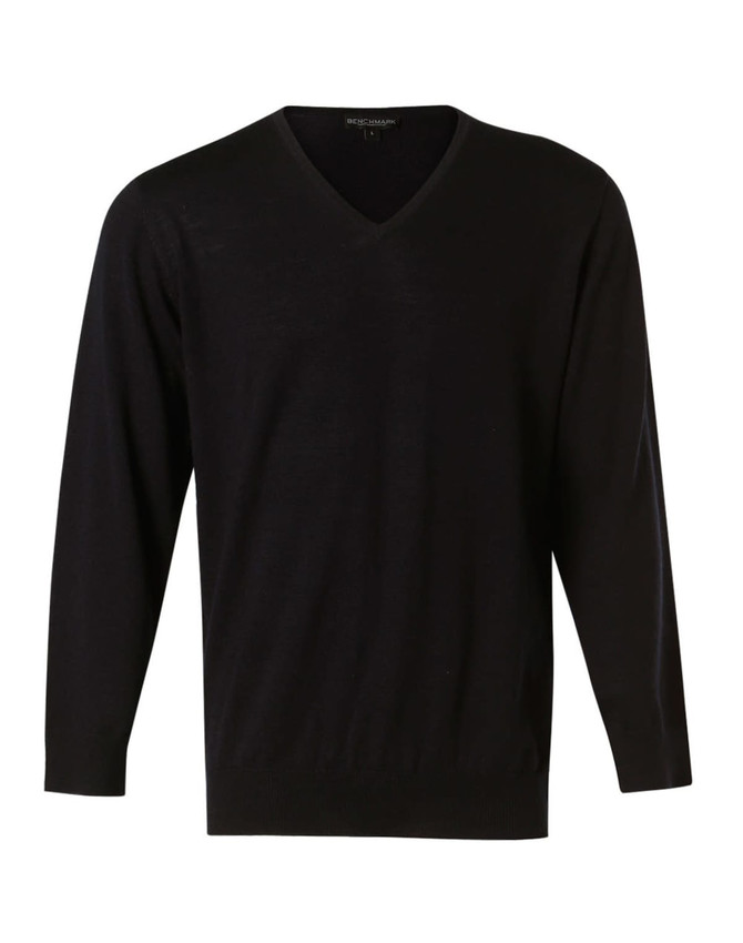A black men's 100% Merino wool V-neck long-sleeve sweater with a fitted design and ribbed cuffs. It features a logo.