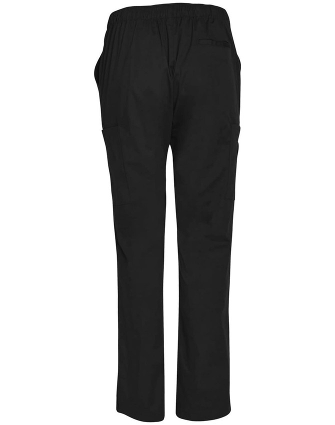 Men's solid colour black scrub pants with an elastic waistband and side pockets. Features a logo on the back.