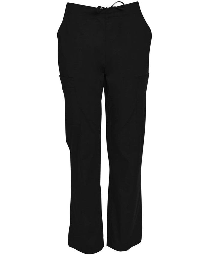 Men's solid black scrub pants with two side pockets and a tie waistband, featuring a logo on the back.