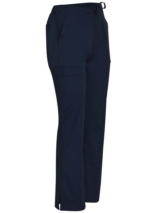 Ladies' solid colour scrub pants in navy, featuring pockets and a drawstring waist. Includes a logo.