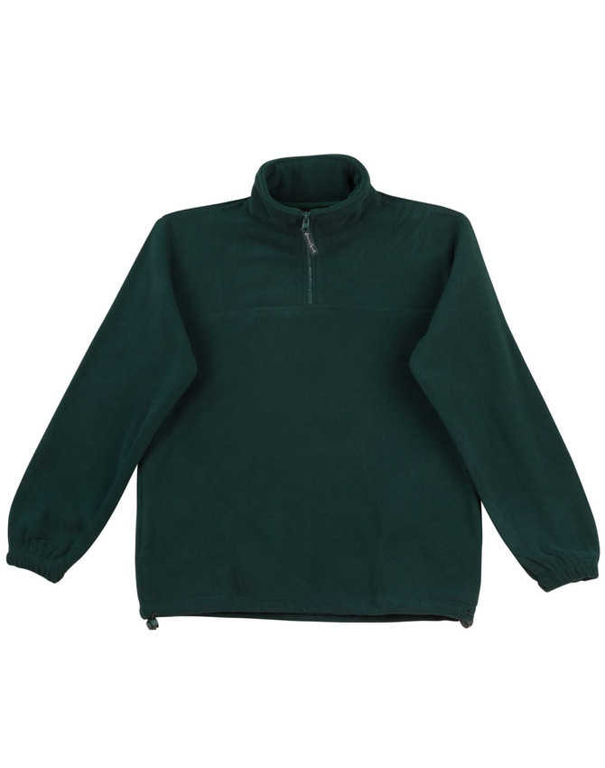 A unisex polar fleece jumper in dark green with long sleeves and a zippered collar, featuring a logo.