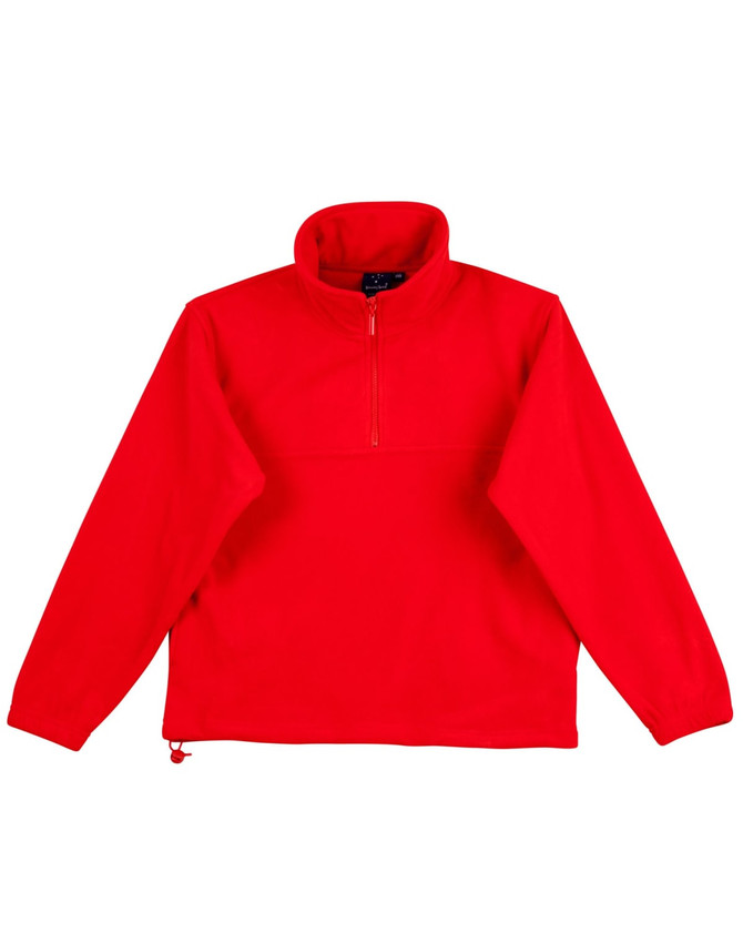 A red unisex polar fleece jumper with long sleeves and a zippered neck. It features a logo on the chest.