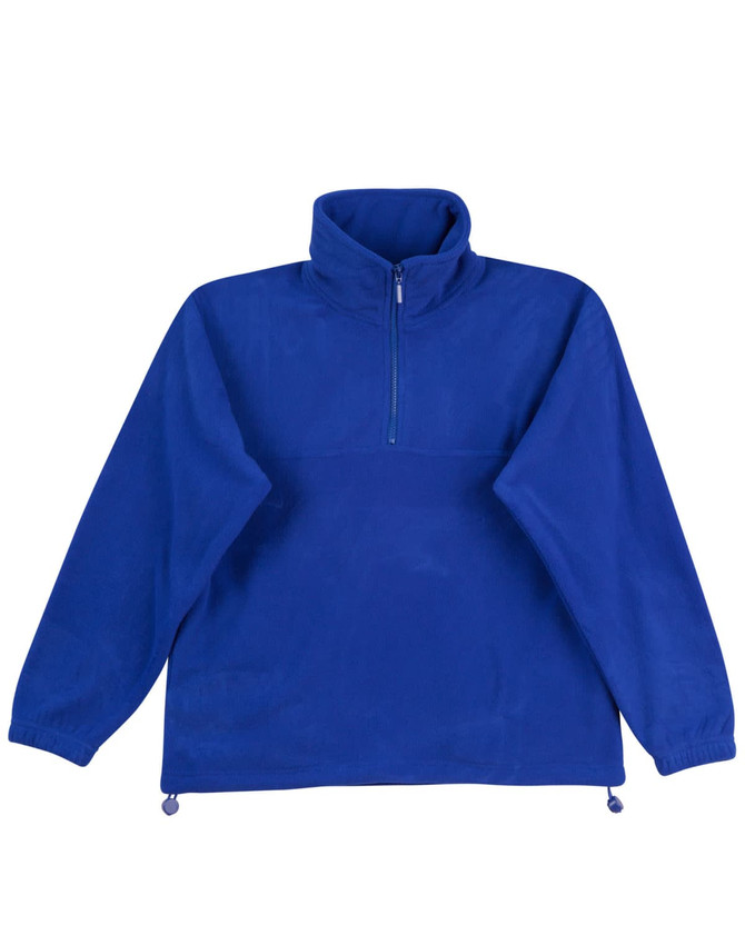 A blue unisex polar fleece jumper with long sleeves and a half-zip collar, featuring adjustable drawstrings at the hem.