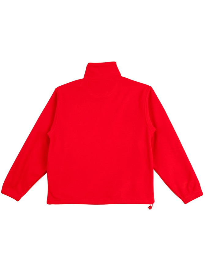 A red unisex polar fleece jumper with long sleeves and a high collar, featuring a logo.