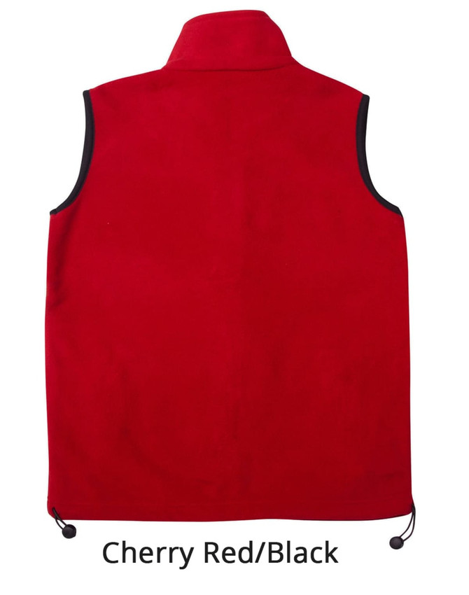 A unisex polar fleece vest in cherry red with black accents, featuring a logo and adjustable drawstring at the hem.