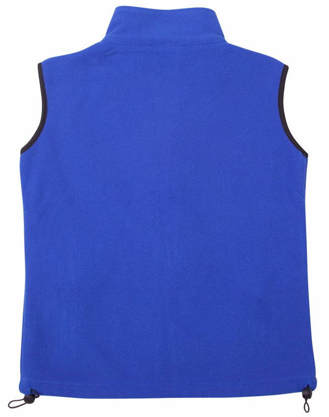 A unisex polar fleece vest in bright blue with a high collar and adjustable drawstrings at the sides. It has a logo.