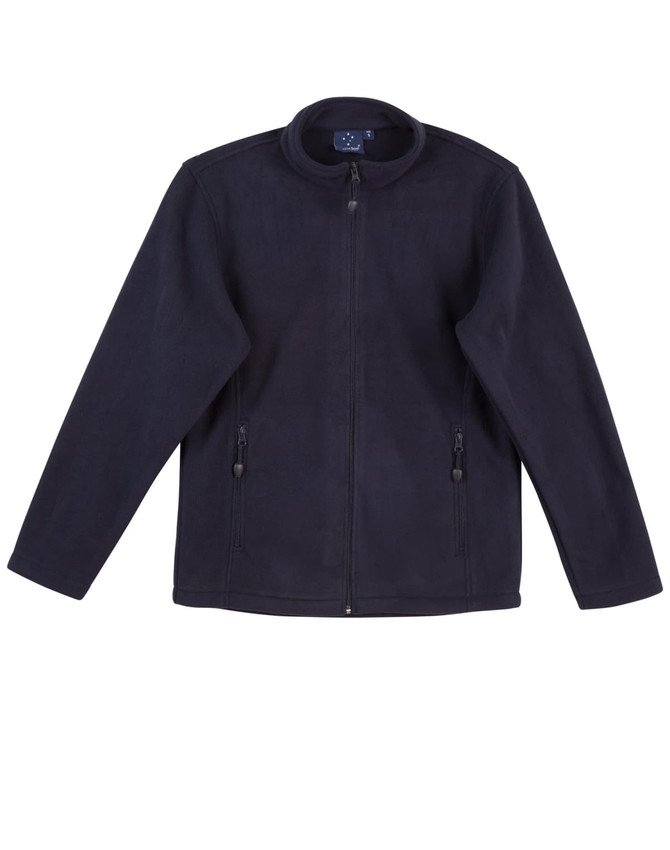 A navy blue polar fleece jacket with a full zip, featuring side pockets and a round collar. It has a logo.