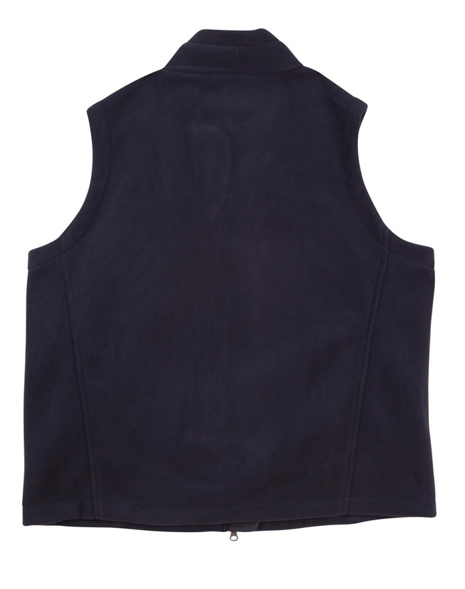 A navy blue Diamond Fleece Vest for men with a collar and no sleeves, featuring a branding logo.