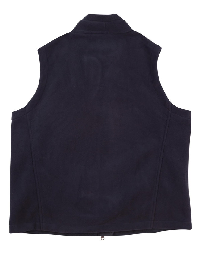A navy fleece vest for kids, featuring a high collar and no sleeves, with a logo on the back.