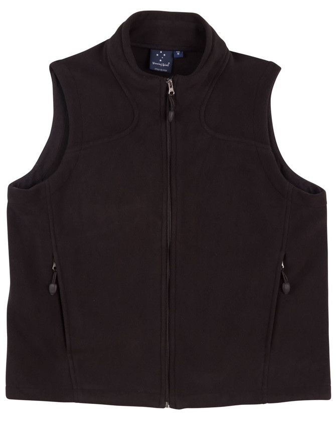 A black fleece vest for kids featuring a zip closure and two side pockets. Includes a logo on the inside label.