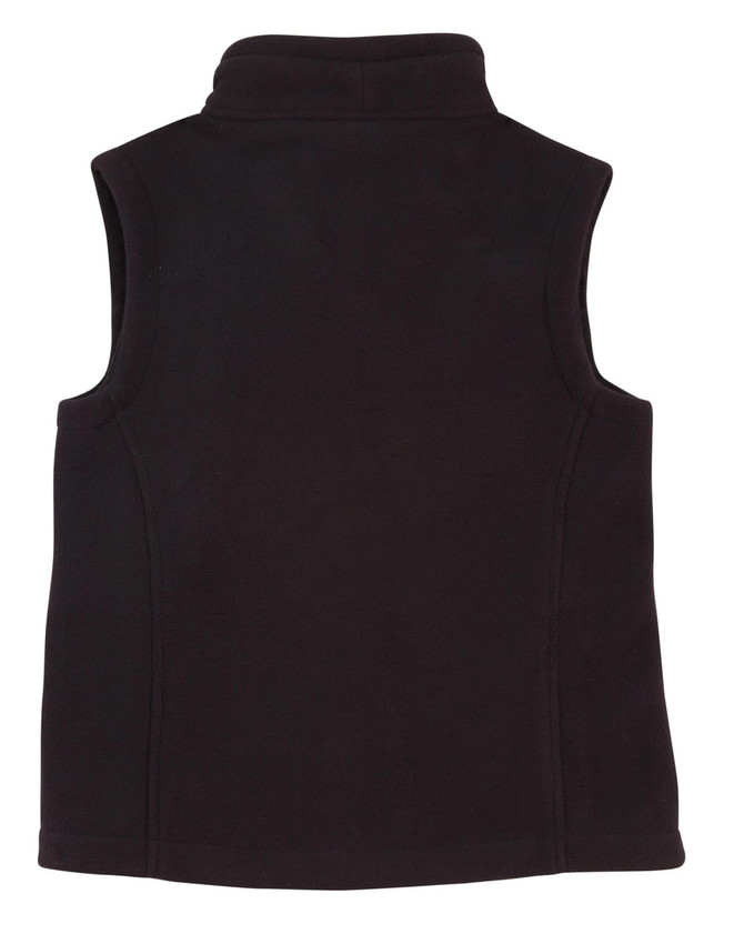 A black ladies' bonded polar fleece vest with a high collar and no sleeves, featuring a branding logo.