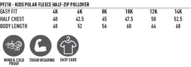 A size chart for a Kid's Half Zip Polar Fleece Pullover, detailing various measurements for different sizes.