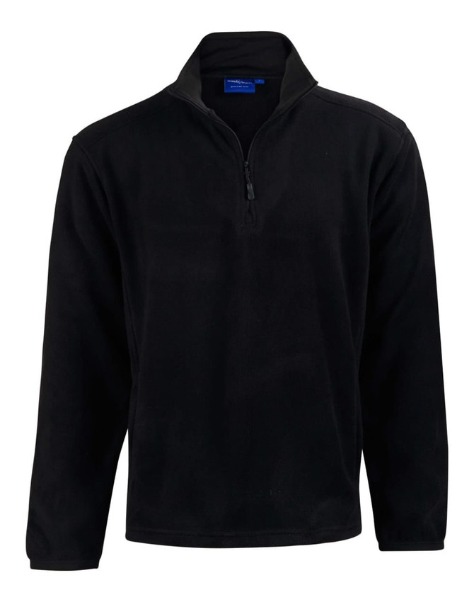 A black kid's half zip polar fleece pullover with long sleeves and a zippered neck. Features a logo.