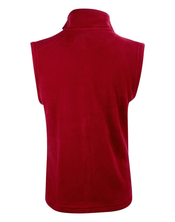 A red adult's polar fleece vest with a high collar, featuring an understated design and no sleeves.