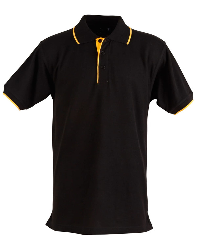 A black polo shirt with short sleeves and yellow accents on the collar and sleeves. It features a logo on the chest.