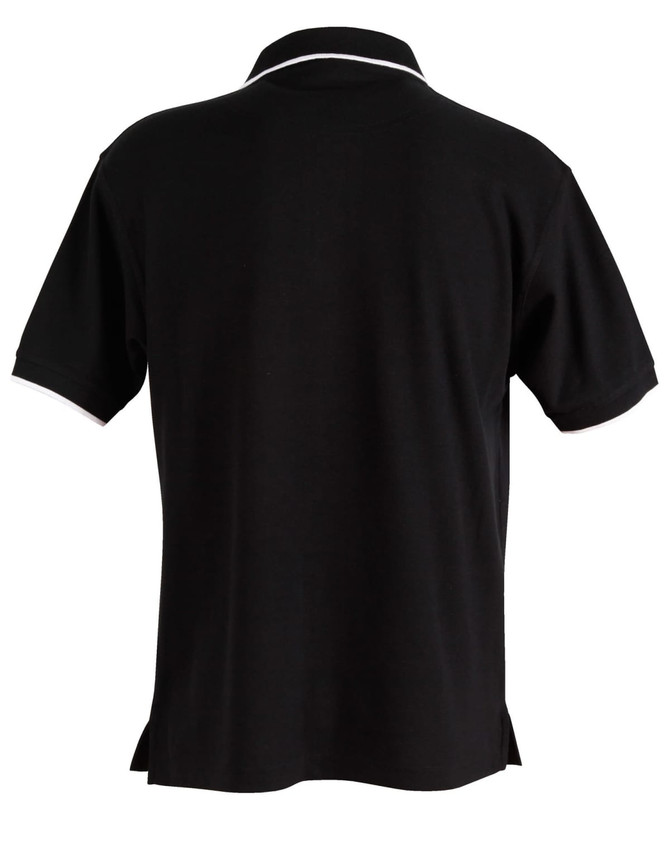 A black men's polo shirt with a contrasting collar and a logo on the back.