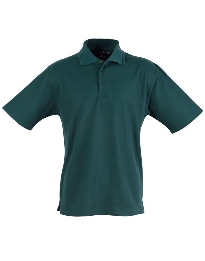 A dark green unisex traditional polo shirt with a collar and short sleeves. It features a logo on the chest area.