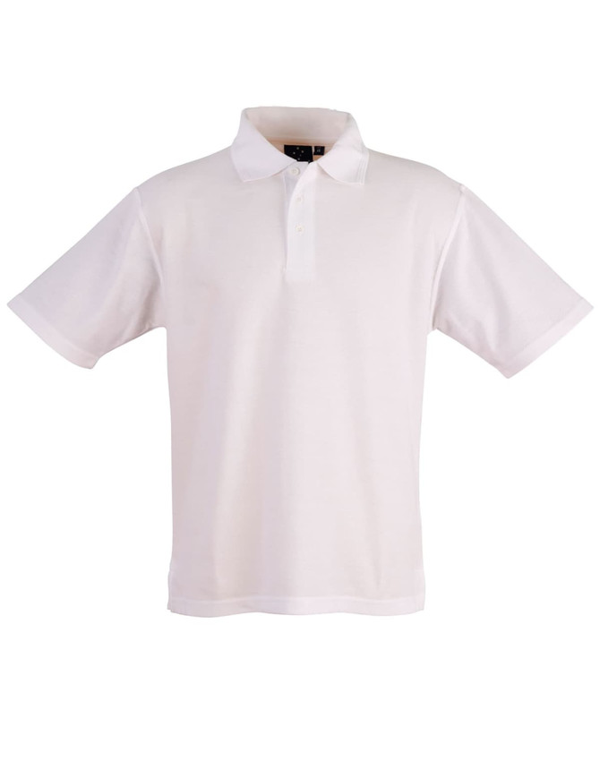A white unisex traditional polo shirt featuring a collar and short sleeves, with a logo on the front.