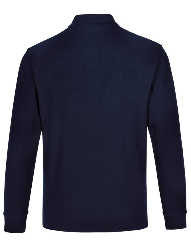 A navy unisex long sleeve polo shirt made from poly/cotton pique fabric, featuring a collar and cuffs.