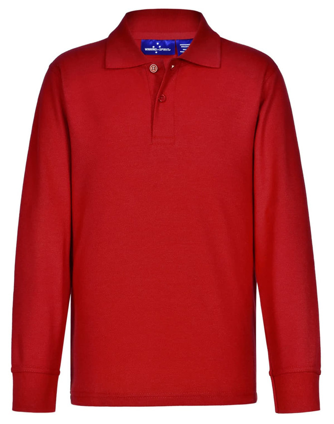 A red long sleeve polo shirt made from poly/cotton pique knit, featuring a collar and a button placket.