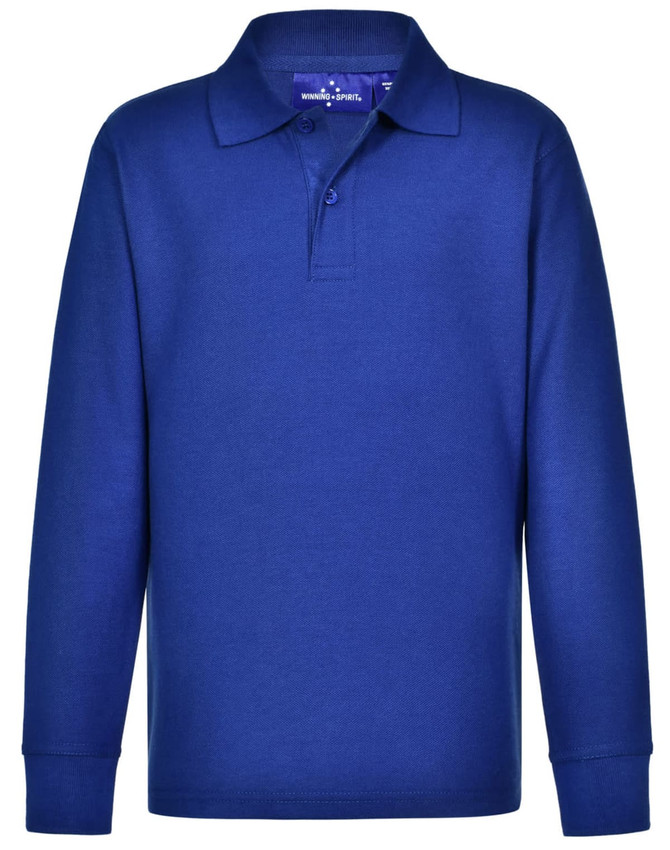 A blue long sleeve polo shirt made from traditional poly/cotton pique knit, featuring a three-button placket and a collar.