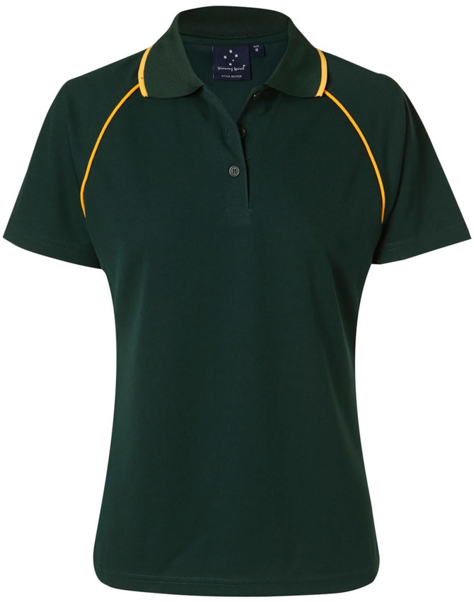 A dark green polo shirt with yellow accents and a collar, featuring a branding logo.