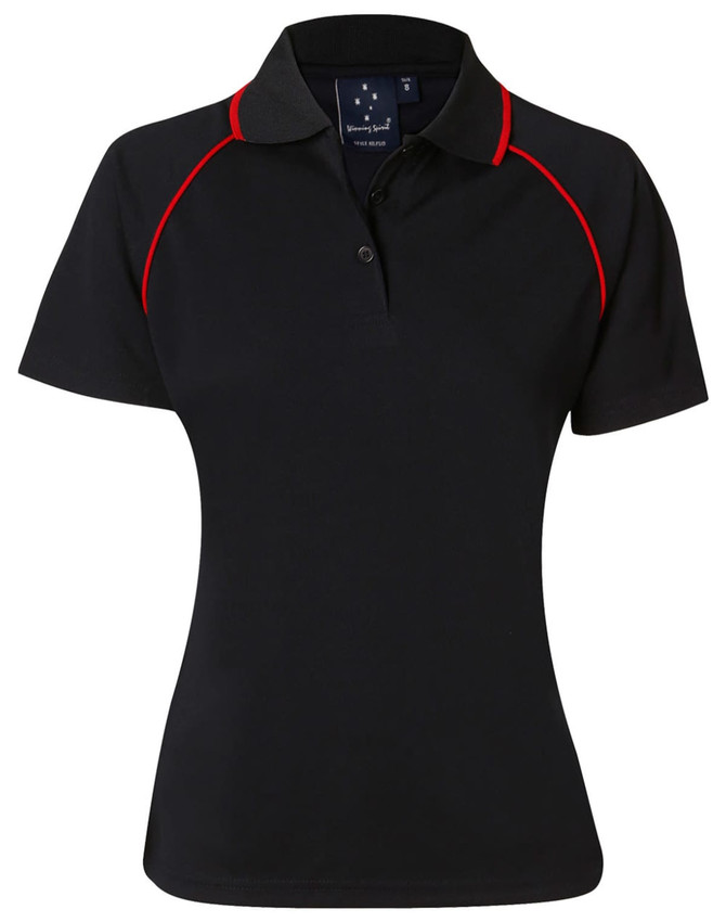 A black ladies' polo shirt with red accent stitching and a collar, featuring a logo on the front.