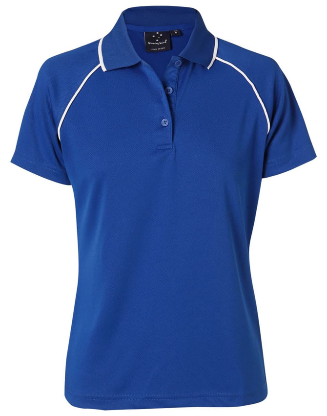 A blue polo shirt for ladies featuring a collar and contrasting white piping. Includes a logo on the label.