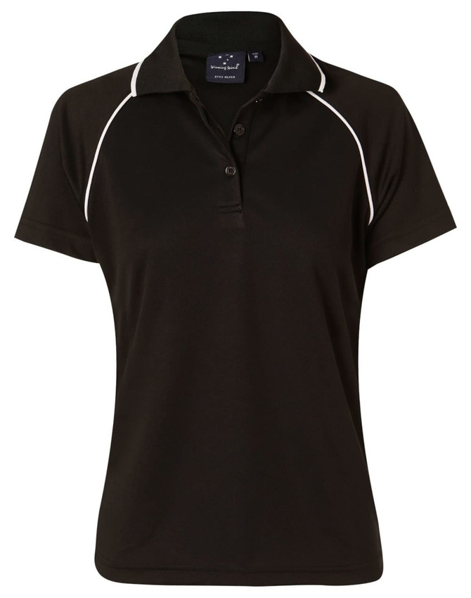 A black ladies polo shirt with white piping, featuring a collar and short sleeves, along with a branding logo.