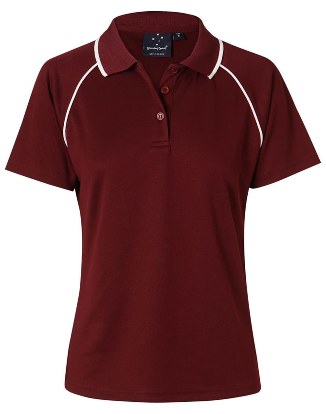A maroon ladies polo shirt featuring a white trim and a small logo on the chest. Short sleeves and a classic collar.