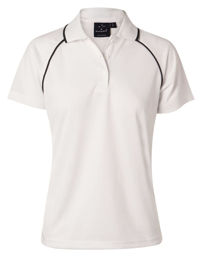 A white ladies' polo shirt with black accents, featuring a collar and a brand logo.