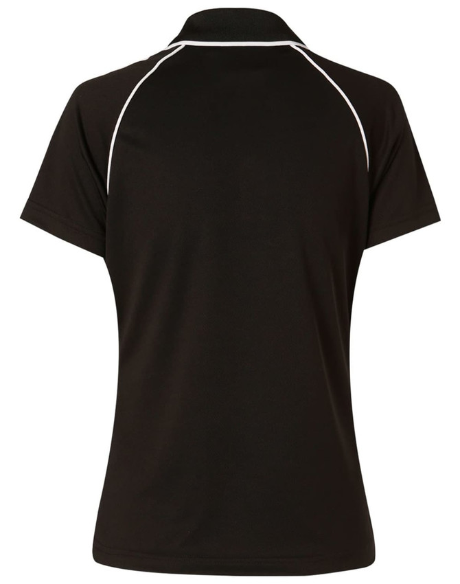 A black ladies polo shirt featuring white detailing and a collar, with a logo on the back.