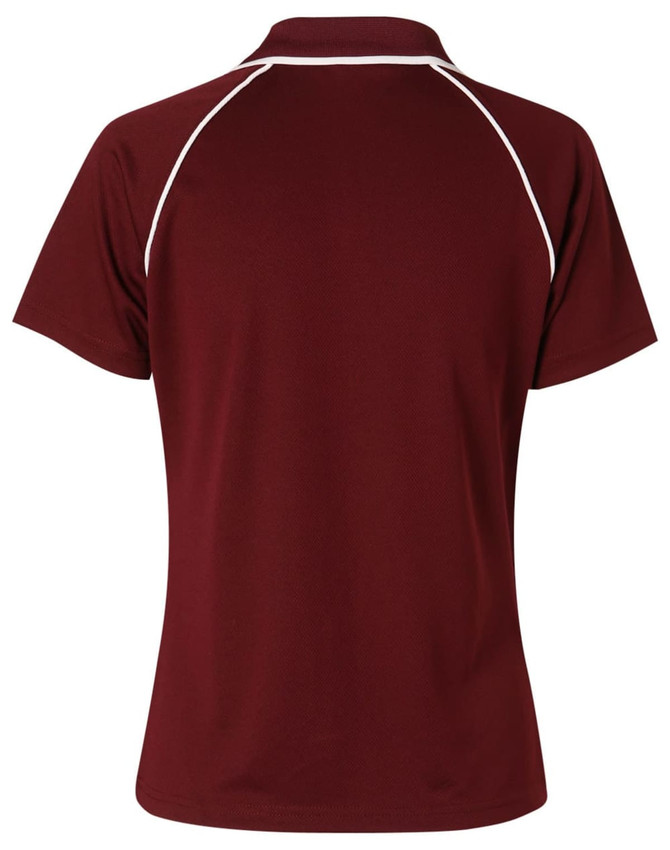 A maroon ladies polo shirt with contrasting white piping and a logo on the upper back.