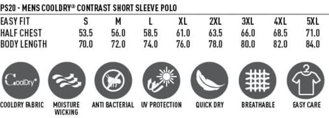 A men's polo shirt featuring contrast sleeves, available in various sizes, with fabric characteristics like moisture-wicking and UV protection.