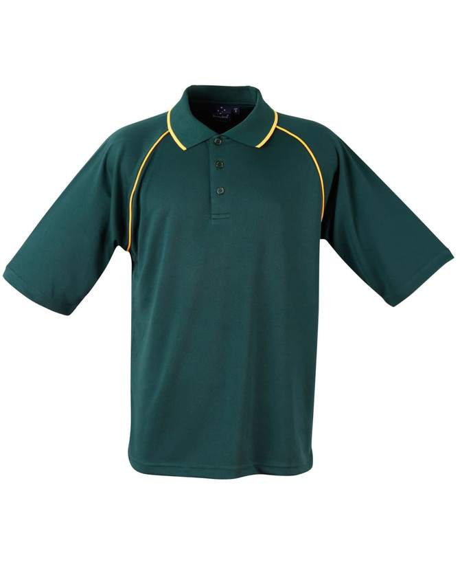 A green polo shirt with yellow accents and a branding logo on the chest. Short sleeves and a classic collar design.