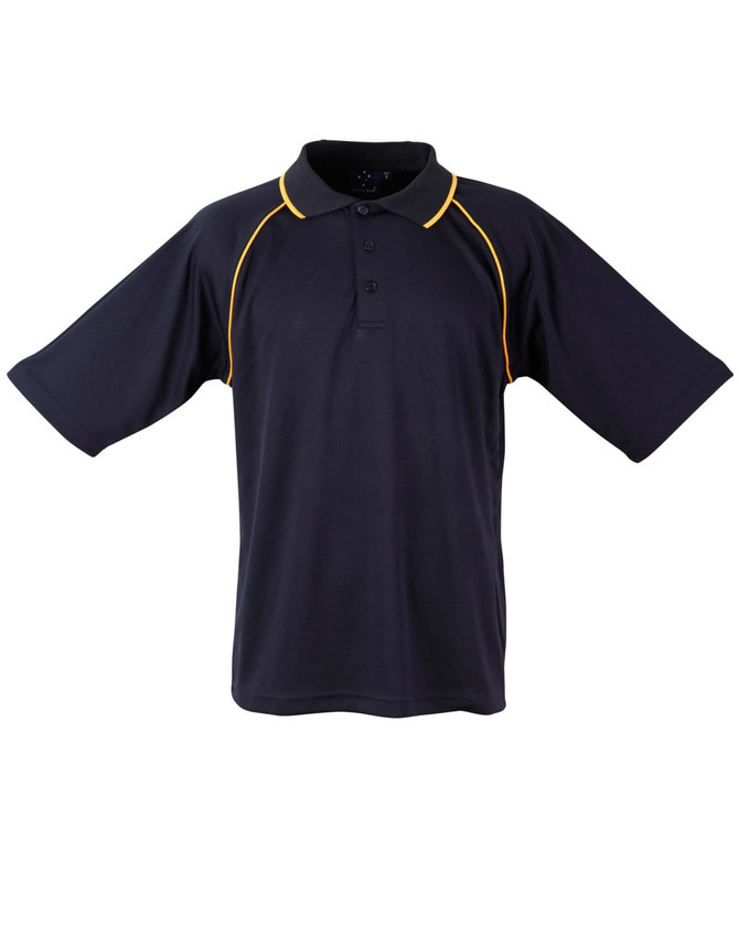 A navy blue polo shirt with yellow accents and a collar, featuring a logo on the chest area.
