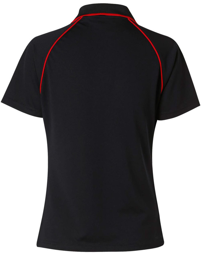 A black polo shirt with red detailing and a logo on the back collar.