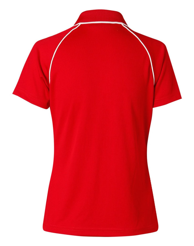 A red polo shirt featuring a classic collar and contrasting piping along the seams. It has a logo on the chest area.