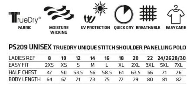 A work polo shirt in various sizes made from TrueDry fabric, featuring unique stitch shoulder panelling and a logo.