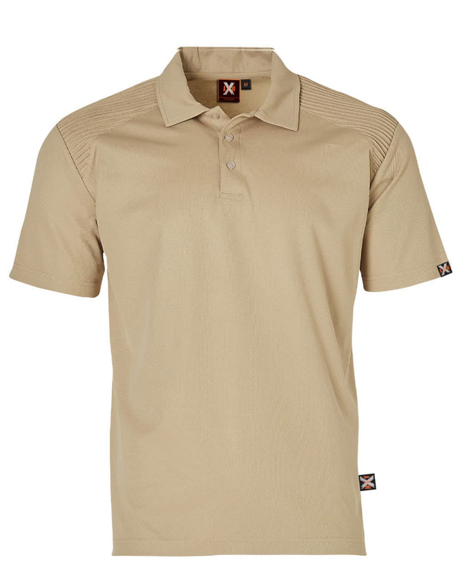 A beige short-sleeved polo shirt with a collar and a logo on the sleeve.